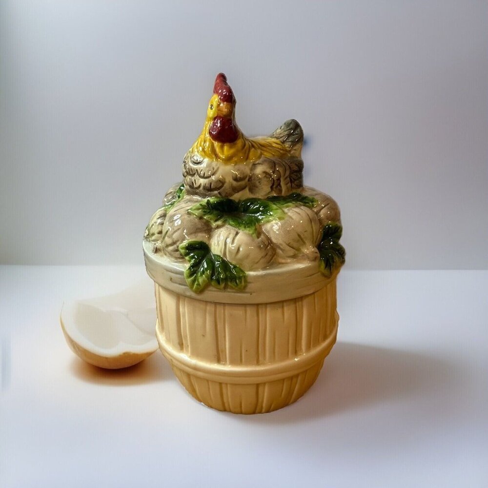Vintage Porcelain/Ceramic Jar Kitchen Trinket Dish W/ Rooster chicken Sealed Lid